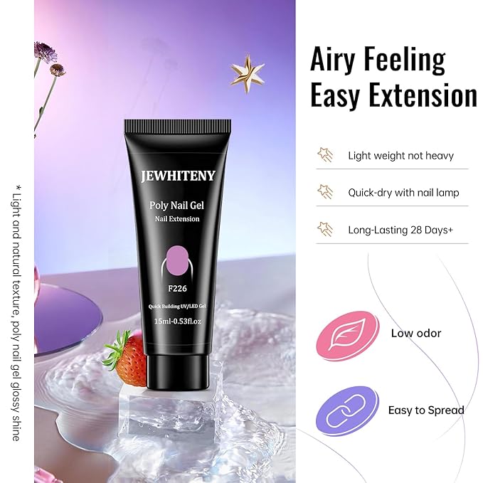 JEWHITENY Poly Gel Nail Kit 14 Colors - Yellow Nude Pink Blue Purple Glitter Tones Starter Kit with UV Lamp Base & Top Coat All-in-One Gift for Women Need U V Light Curing