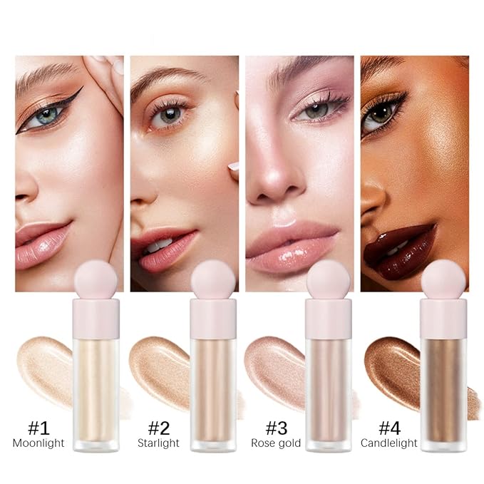Liquid Highlighter Natural Glow For Face & Body, Waterproof Moisturizing Light Liquid Luminizer For Long Lasting Shimmer, Contour Highlighter Stick Easy to Apply with Cushion Applicator (#3 Rose gold)