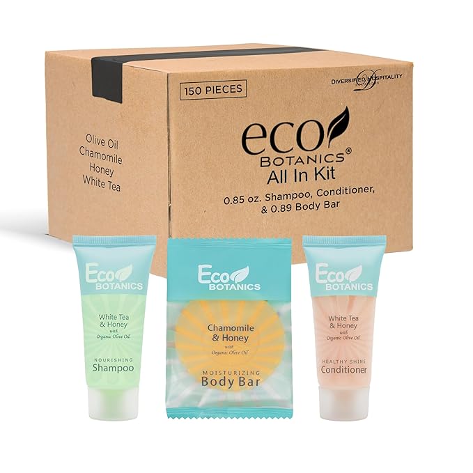 Eco Botanics Hotel Soaps and Toiletries Bulk Set | 1-Shoppe All-In-Kit Amenities for Hotels & Airbnb | 0.85 oz Hotel Shampoo & Conditioner, 0.89 oz Bar Soap Travel Size | 150 Pieces
