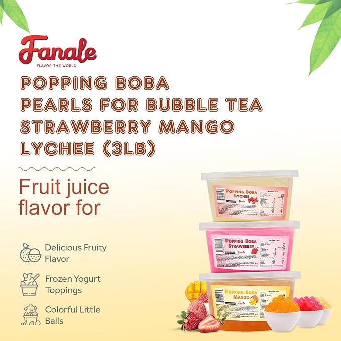 Fanale Strawberry Mango Lychee Popping Boba Pearls, Vegan, Non GMO, Gluten Free, Fat Free, Perfect for Bubble Tea, Smoothies, Ice Cream, Desserts, and Beverages 3 lb (1 lb X 3)