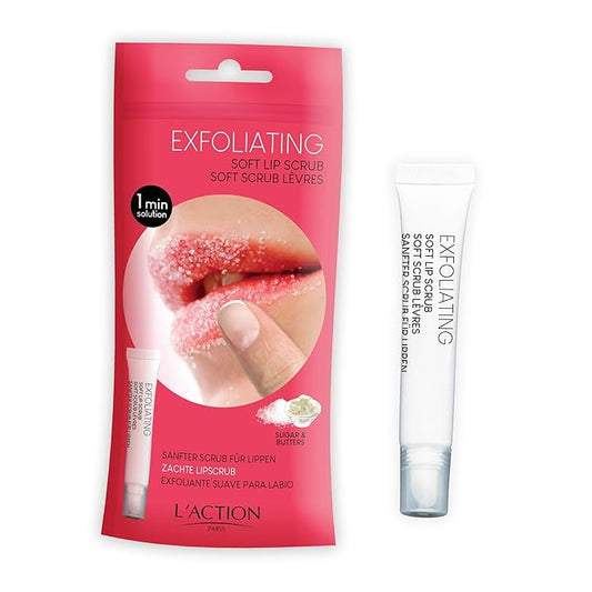 L'Action Paris Exfoliating Soft Lip Scrub, Smooth and Plumped Lips, Sugar Crystals for Gentle Exfoliation, Slanted Applicator, Soothing Shea and Mango Butter Formula 12ml