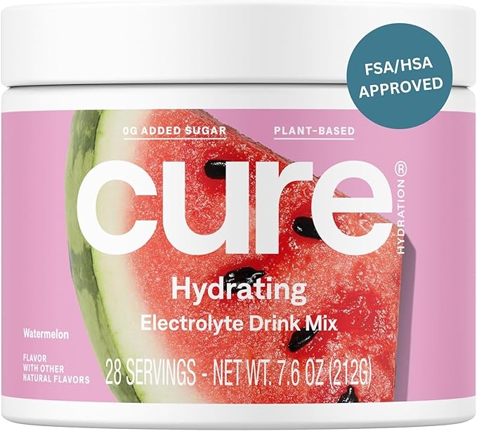 Cure Hydration | Plant-Based Electrolyte Drink Mix | No Added Sugar | Dehydration Relief Powder Made with Coconut Water | Non-GMO | Vegan | 28 Servings Jar - Watermelon