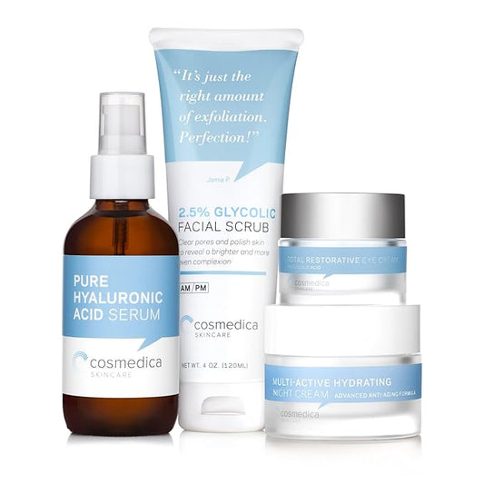 Complete Skincare Kit- Hyaluronic Acid Serum (4 Ounce), Glycolic Facial Scrub (4 Ounce), Multi Active Hydrating Night Cream and Total Restorative Eye Cream