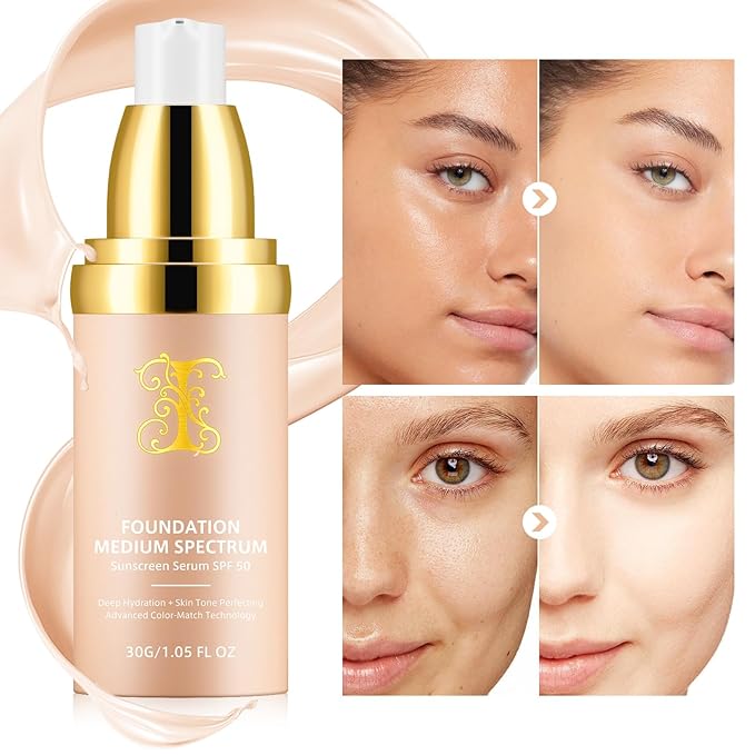 Colour Changing Foundation Liquid 4 in 1, Oil-free BB Cream Makeup, Hydrating Longwearing & Waterproof Concealer, SPF 50+ Makeup Base Nude Face, Foundation Medium Spectrum for all Skin(2PCS)