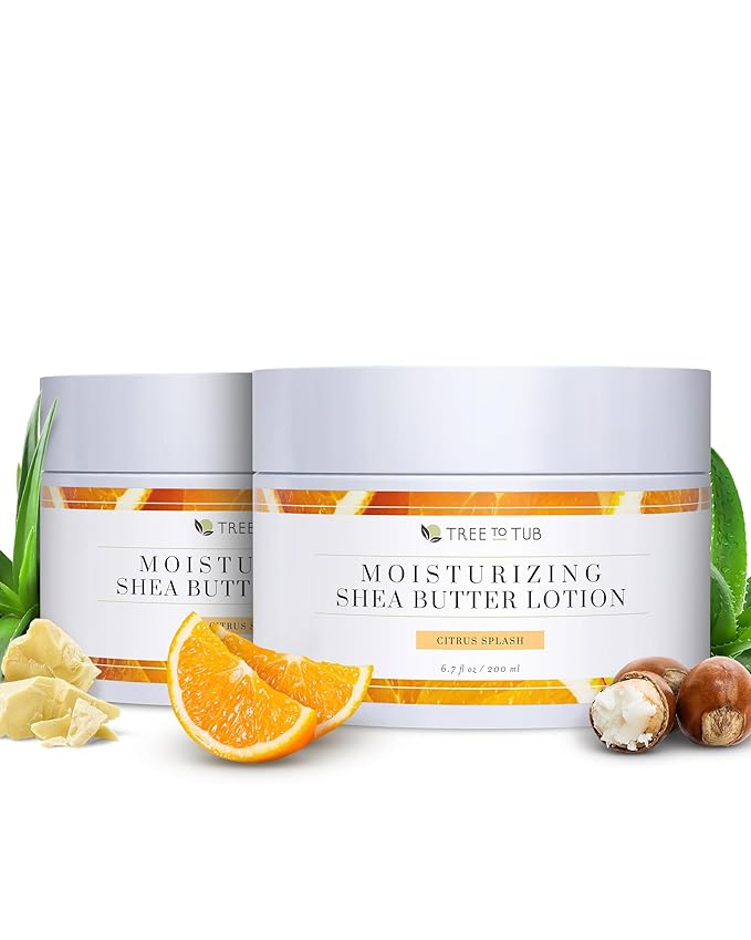 Tree to Tub Shea Body Butter for Dry, Extremely Dry, Sensitive Skin - Moisturizing Body Cream for Women & Men, Hydrating Body Lotion Moisturizer w/Vitamin C, Organic Cocoa, All Natural Citrus Scent