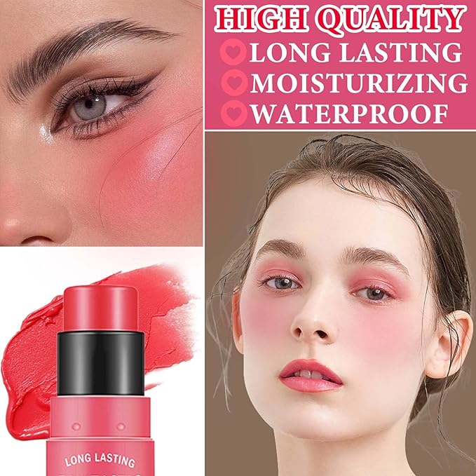 Cream Blush Stick,Blush Stick for Cheeks with Contour Brush,3-in-1 Long Lasting Waterproof Blush&Eye Shadow&Lip Gloss for All Skin Types（02 Rose Pink）