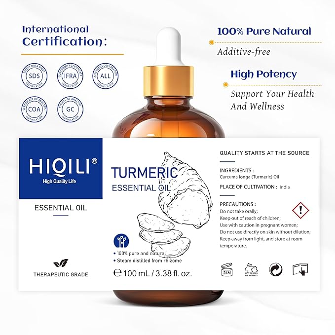 HIQILI 100ML Turmeric Oil for Face Skin Care, Aromatherapy,100% Pure, Use After Dilution- 3.38 Fl Oz