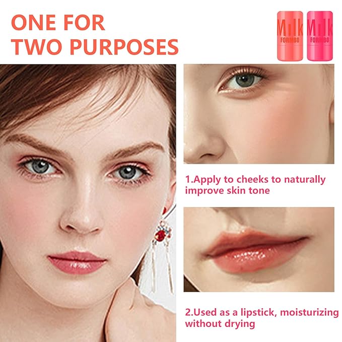 2 Pcs Milk Jelly Blush,Jelly Tint Blush Stick Sheer Lip & Cheek Stain Milk Cooling Water Jelly Tint Long Lasting Face Blushes, Lip Gloss Cheek Solid Moisturizer Stick (01#+02#)