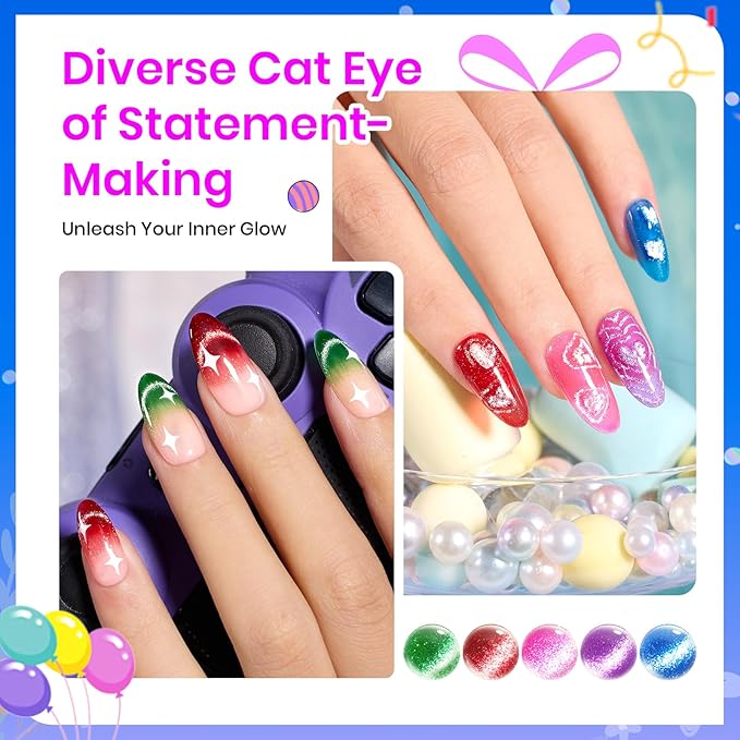 Beetles Cat Eye Gel Nail Polish, 6 Colors Summer Cat Eye Glitter Gel Polish Set Neon Red Pink Purple Blue Green with Magnet Velvet Gel Kit French Nail Art Manicure Gift for Women