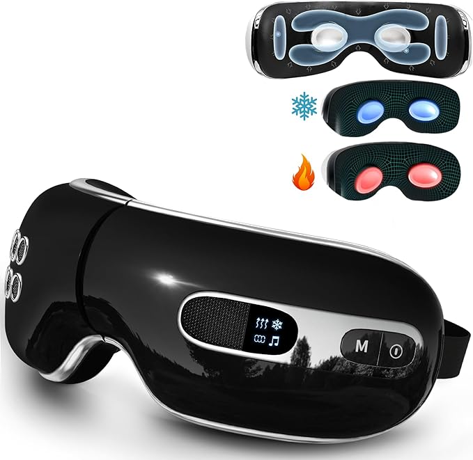 Fmalve Eye Massager with Heat and Cooling for Migraines, Dry Eyes, Heated Eye Mask Massager Improve Sleeping - Gifts for Women and Men (Black)
