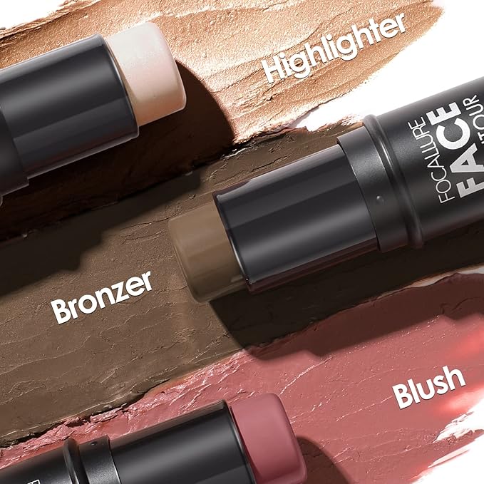 FOCALLURE 3 Pcs Cream Contour Sticks,Shades with Highlighter & Bronzer & Blush,Non-greasy Long-wear Face Contouring Pen,Easy to Sculpt the Face and Create a Lightweight Finishing Makeup,DEEP