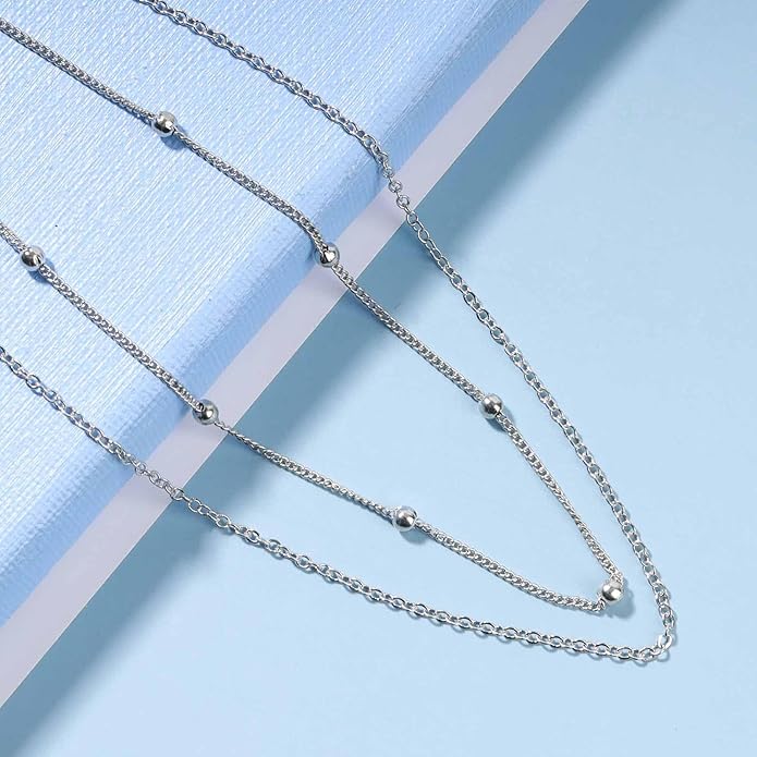Boho Layered Satellite Choker Necklace Gold Ball Chain Necklace Short Collar Necklace Vintage Double Layer Necklace Jewelry for Women and Girls Gifts