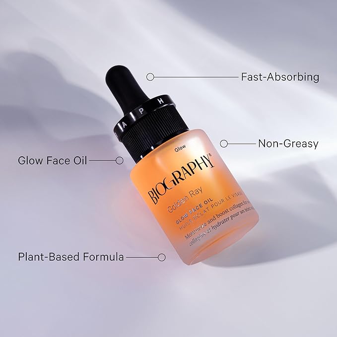 Golden Ray Glow Face Oil, 13ml. Collagen Boosting, Natural Skincare Moisturizing & Hydrating Facial Oil for Women. Incr Elasticity w/French Marine Algae, Jojoba & Rosehip for Fine Lines & Wrinkles