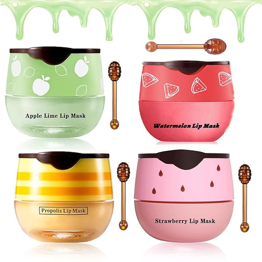 Bee Lip Balm Honey Pot, Honey & Strawberry & Watermelon&Lime Lip Mask Overnight Moisturizing Lip Sleep Mask with Stick Hydrating & Prevention Dry and Cracked Lip Scrubs Exfoliator