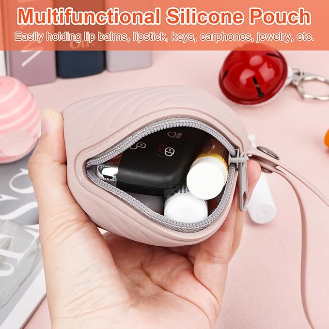 Desing Wish Silicone Lip Balm Holder with Silicone Zipper Pouch, Portable Lip Balm Keychain Sleeve - Silicone Storage Bag for Lip Balms/Small Cosmetics/Earphones/Keys - Pink