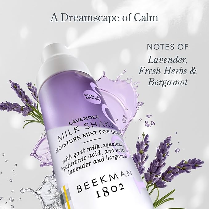 Beekman 1802 Lavender Milk Shake - Body Mist - 2.0 fl. oz - With Hyaluronic Acid & Jojoba Oil - Instantly Moisturizes, Hydrates & Softens - Good for Sensitive Skin - Cruelty Free