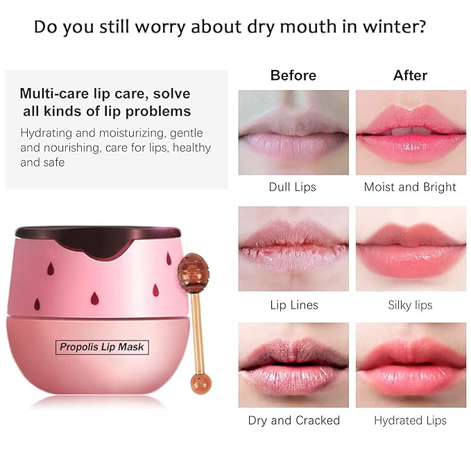 2PCS Bee Balm Lip Balm Honey Pot & Strawberry Sleeping Lip Mask, Propolis Moisturizing Honey Lip Mask Lip Balm, Hydrating & Prevention Dry and Cracked Lip Scrubs Exfoliator, Winter Lip Care Products