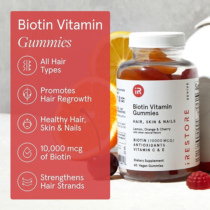 iRestore Hair Gummy Vitamins, Vegan Biotin Gummies for Hair Skin and Nails, Hair Growth Gummies for Women & Men, Biotin 10,000mcg, 3PK