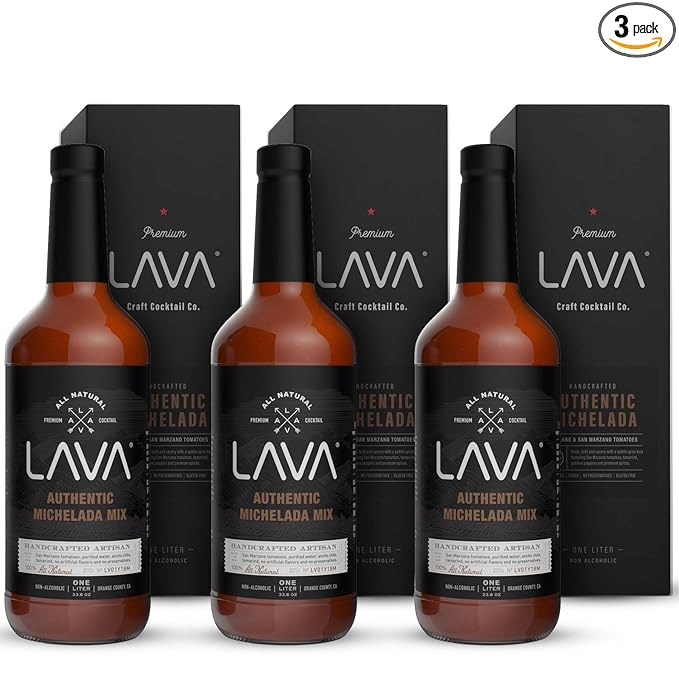 (3 Pack) LAVA All Natural Authentic Michelada Mix Craft Cocktail Mixer, Made with Real Tomatoes, Ancho Chile Peppers, Tamarind, No Junk Ingredients, Vegan, 1-Liter (33.8oz) Glass Bottle, Ready to Use