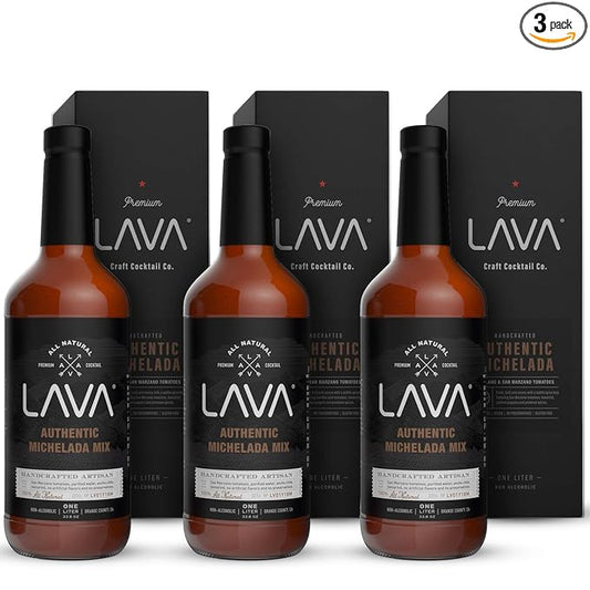 (3 Pack) LAVA All Natural Authentic Michelada Mix Craft Cocktail Mixer, Made with Real Tomatoes, Ancho Chile Peppers, Tamarind, No Junk Ingredients, Vegan, 1-Liter (33.8oz) Glass Bottle, Ready to Use