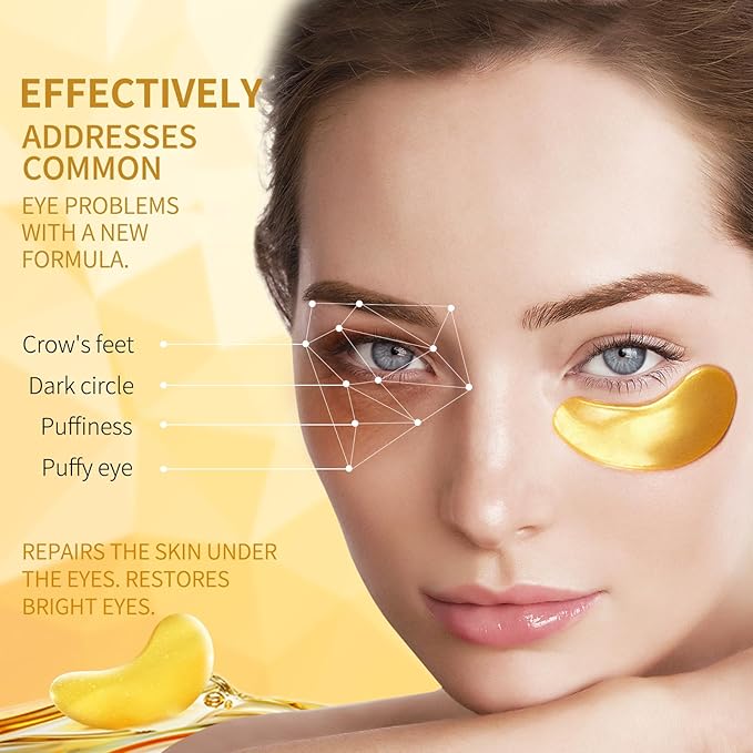 24K Gold Eye Mask - 60 Pieces, Collagen Hyaluronic Acid Eye Mask, Anti-aging, Remove Dark Circles, Puffiness and Wrinkles, Refreshes Skin, Suitable for Both Men and Women
