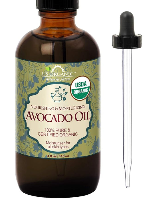 US Organic Avocado Oil Unrefined Virgin, USDA Certified Organic, 100% Pure & Natural, Cold Pressed, in Amber Glass Bottle w/Glass Eye dropper for Easy Application (4 oz (Large))