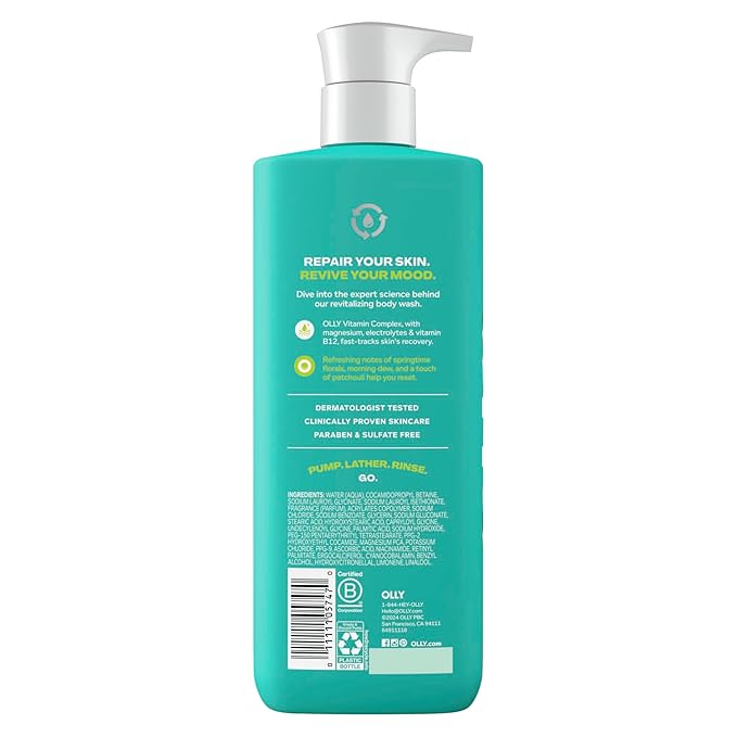 OLLY Revive Body Wash with Magnesium, Electrolytes & Vitamin B12– Nourishing Cleanser for Skin Barrier Repair, Deep Hydration, Refreshing Nerolidew Scent, 17 oz