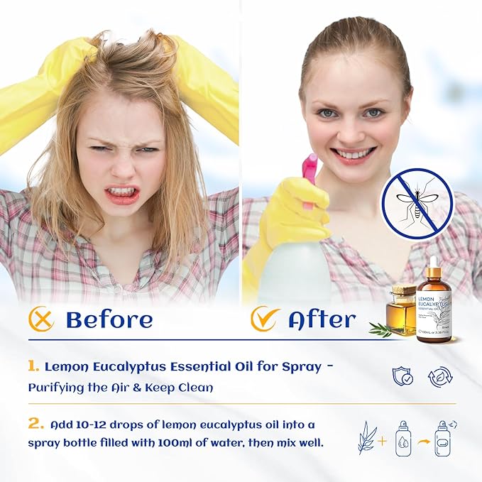 HIQILI Lemon Eucalyptus Oil, for Spary, Diffuser, Indoors, Outdoors, Garden, Yard, 100% Pure Natural - 3.38 Fl Oz