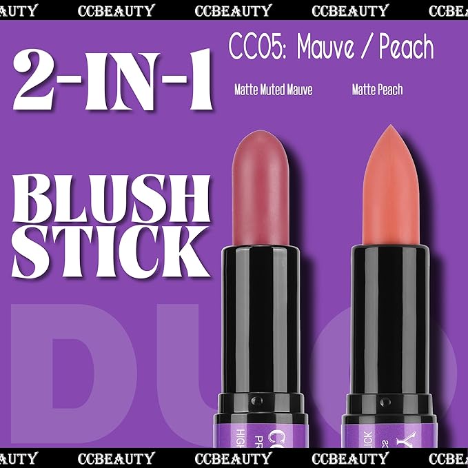 CCbeauty 2-in-1 Blush Stick for Cheeks - Cream 2 Colors Dual Blushing Makeup Stick for Cheeks, Eyes & Lips, Natural Blendable Moisturizing Long-Lasting Smooth Blushes,Peach & Muted Mauve