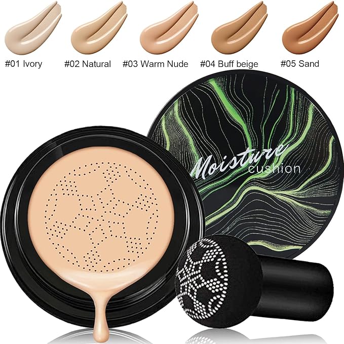 2 PCS Mushroom Head Air Cushion CC Cream Nature Foundation,Foundation Brush Powder Brush,Moisturizing Concealer, Bright Makeup Base Long Lasting (#02 Natural+#03 Warm Nude)