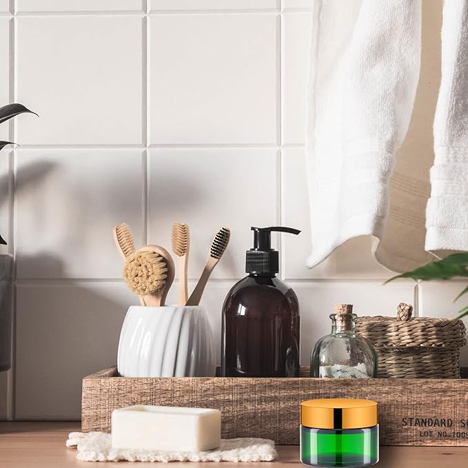 Lil Ray 1 oz Round Green Glass Jar with Inner Liners and Gold Lid (12pcs)