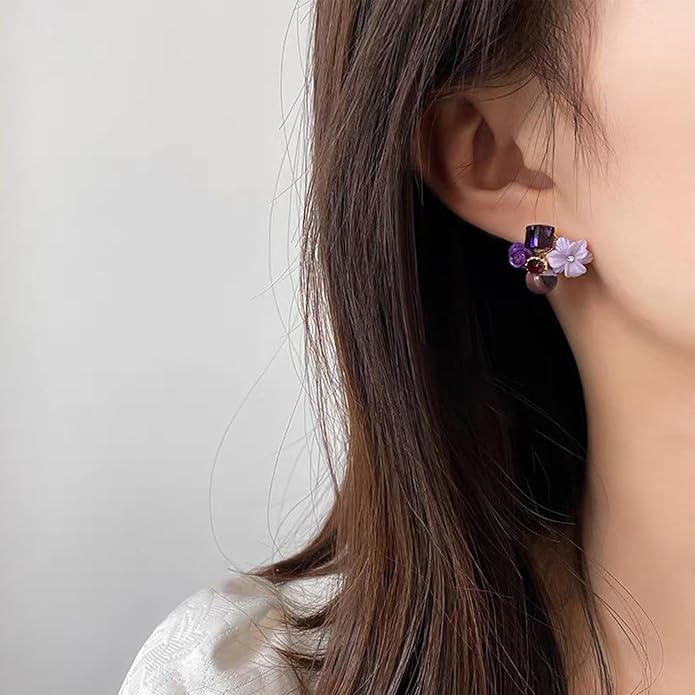 Boho Amethyst Flower Drop Earrings Vintage Purple Rhinestones Flora Petal Earrings Statement Purple Rose Studs Wedding Prom Geometric Crystal Flower Earrings Jewelry for Women