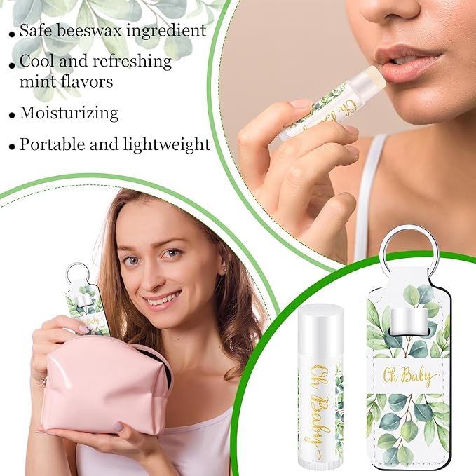 18 Sets Baby Shower Bridal Shower Favors for Guests Bulk Lip Balm and Lipstick Holder Keychains Set Baby Shower Bridal Shower Goodies Bags Thank You Gifts for Guests(Eucalyptus Baby)