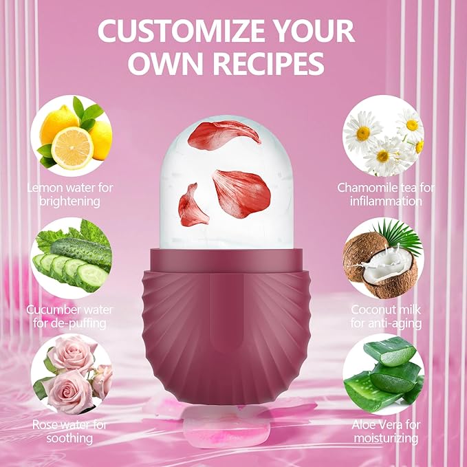 Ice Roller for Face and Eye, Silicone Ice Facial Roller Ice Holder, Face Ice Mold Skin Care, Face Icers Reusable Ice Cube Roller for Shrink Pores Anti Wrinkle Reduce Puffiness, Rose