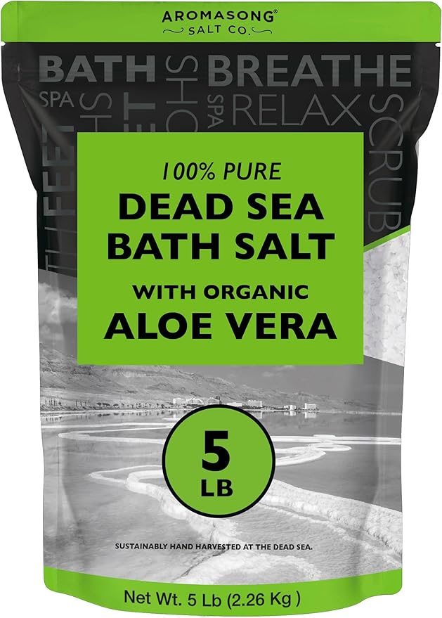 Aromasong Dead Sea Salt with Organic Aloe Vera, Spa Bath Salts, 5 Lbs Fine Bulk resealable Pack, 100% Pure & Natural, Soak for Women & Men for Tired Muscles & Skin Issues (Packaging May Vary)