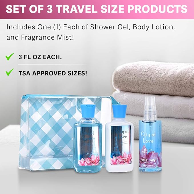Bath & Body Care Travel Set - Home Spa Set with Body Lotion, Shower Gel and Fragrance Mist, Valentines Day Gifts for Her and Him(City of Love)