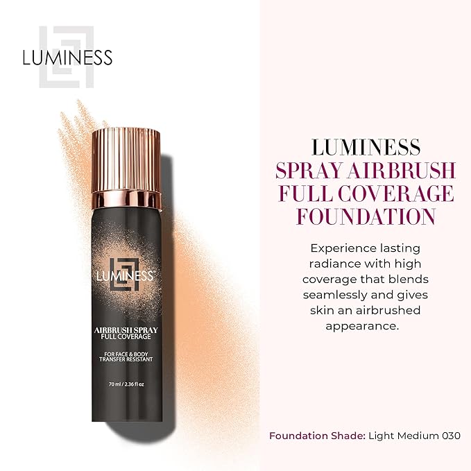 LUMINESS Spray Airbrush Foundation Makeup, Shade 030 - Lightweight, Full Coverage Foundation for Face, Neck & Body - Water-Based Concealer for Seamless Blending, Natural-Looking Finish, 2.36 fl oz