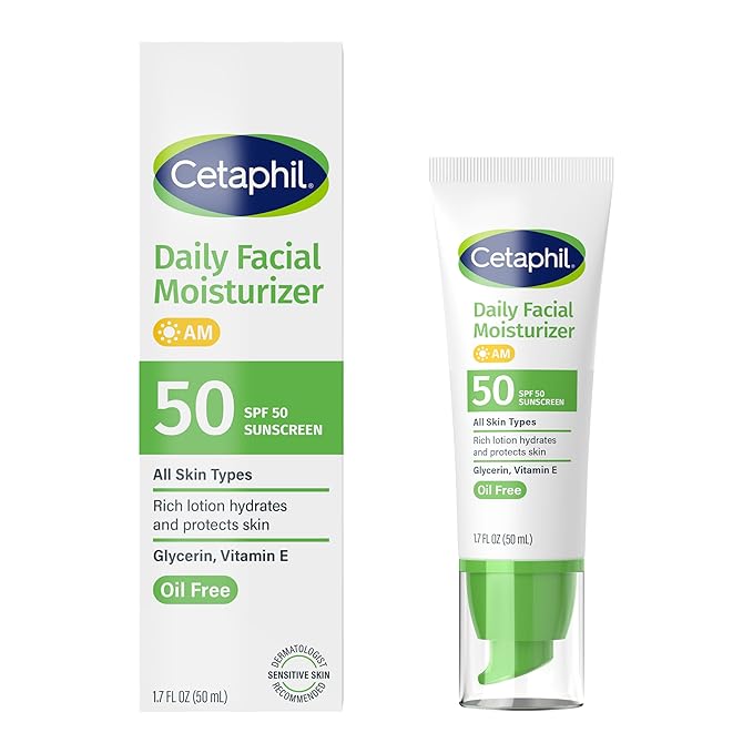 Cetaphil Daily Facial Moisturizer SPF 50, 1.7 Fl Oz (Pack of 2), Gentle Facial Moisturizer For Dry to Normal Skin Types, No Added Fragrance, Dermatologist Recommended (Packaging May Vary)