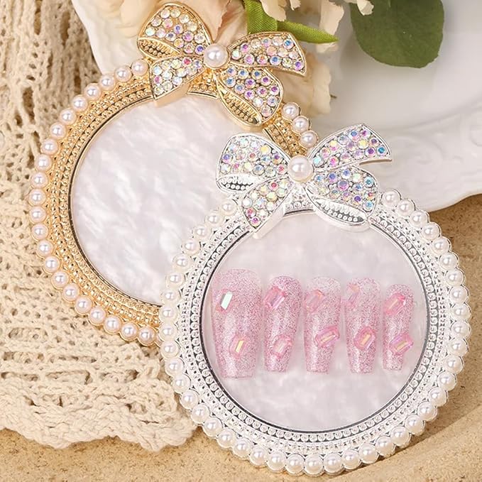 2 Pack Bow with Rhinestones Pearl Nail Art Palette Nail Polish Art Painting Mixing Palette Holder Pearl Edge Professional Cosmetic Nail Art Tools for Women and Girls Nail Polish Display