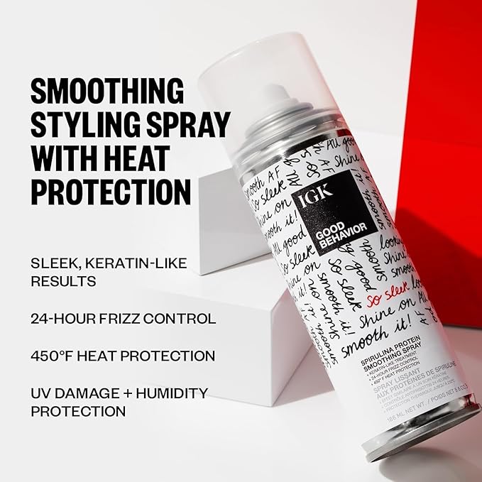 IGK GOOD BEHAVIOR Smoothing Frizz Fighters Set | 4-in-1 Prep Spray + Spirulina Protein Smoothing Spray | Frizz Control + Heat Protectant | Vegan + Cruelty Free