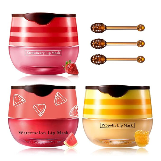 Honey Lip Balm (Strawberry, Watermelon) - Smooth, Hydrating Propolis Lip Mask Overnight Scrubs Exfoliator, Natural Ingredients, Lip Care Set