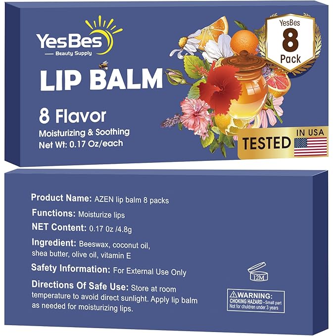 Lip Balm, 8 Pack Natural Bulk with Vitamin E & Coconut Oil, Moisturizing Dry Cracked Lips Protection, 8 Flavors - Stocking Stuffers