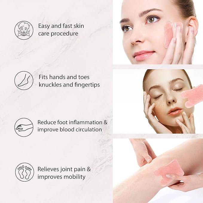 Gua Sha Facial Tools Set of 3 Guasha Massage Tool Rose Quartz Gua Sha Scraping Tool for Face,Neck, Eyes and Body,Jade Stone Guasha Board Pack of 3 (Pink)