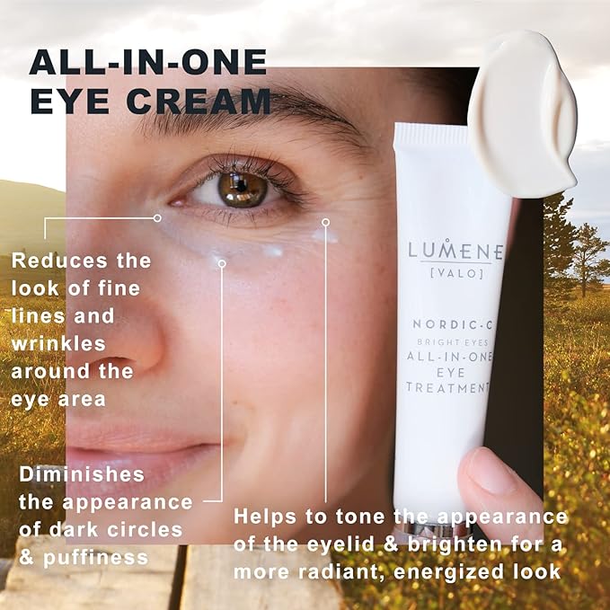 Lumene Bright Eyes All-In-One Eye Treatment - Eye Cream for Dark Circles and Puffiness - Hydrating Eye Cream with Vitamin C + Hyaluronic Acid - Fragrance-Free + Vegan (15mL)