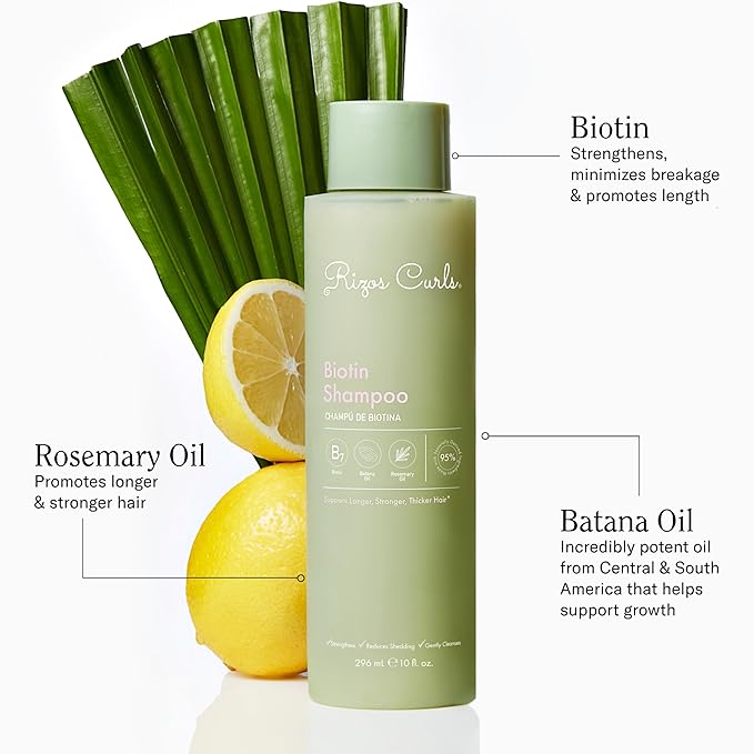 Rizos Curls Biotin Shampoo, Gently Cleanse & Nourish, Rosemary Oil & Oat Protein for Longer and Stronger Hair, Hair is Fuller, Softer & Shinier, 2.5 oz