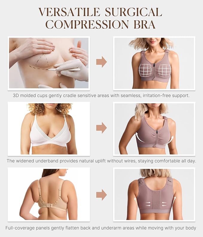 BRABIC Zip Front Closure Everyday Bra for Women Post Surgery Compression Support with Adjustable Straps Wirefree