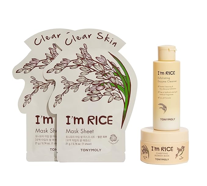 TONYMOLY I'm Rice Clarifying Skincare Set – 3-Step Face Care for Clear, Hydrated Skin – Includes Enzyme Powder Cleanser, Blemish Mask & Nourishing Sheet Masks – Gentle Exfoliation & Oil Control