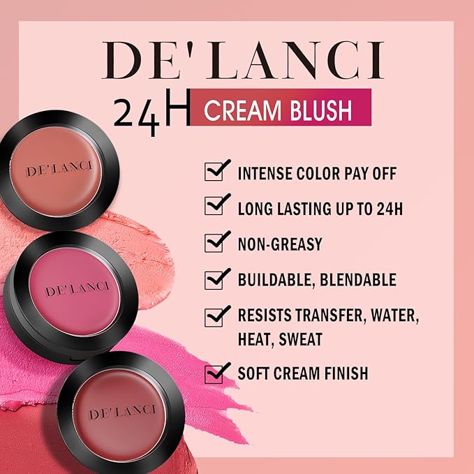 DE'LANCI Blush Single for Cheeks+Lip, Buildable Color Silky Smooth Peach Blush, Best Peachy Half Matte Blusher for Fair Medium Skin, Easy to Use Travel Size, Breathable Blendable Cream Blush (SHY 05#)