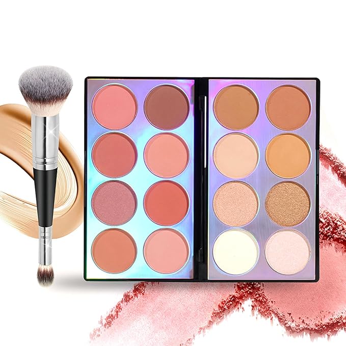 16 Colors Blush Contour Highlighter Makeup Palette with Brush, Shimmer Matte Mineral Face Blush Powder for Cheek, All in One Face Sculpting Bronzer Blusher Illuminator Concealer Palette