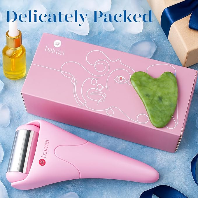 BAIMEI Stainless Steel Ice Roller for Face & Gua Sha Facial Tools, Soothes Puffiness, Relieves Pain, Self - Care Gift for Women